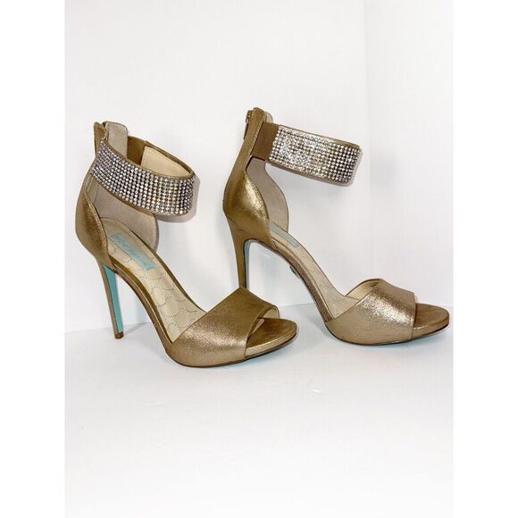 Betsey Johnson Formal Heels Rhinestone Ankle Strap Stiletto Gold Prom Wedding 9M - Picture 7 of 15